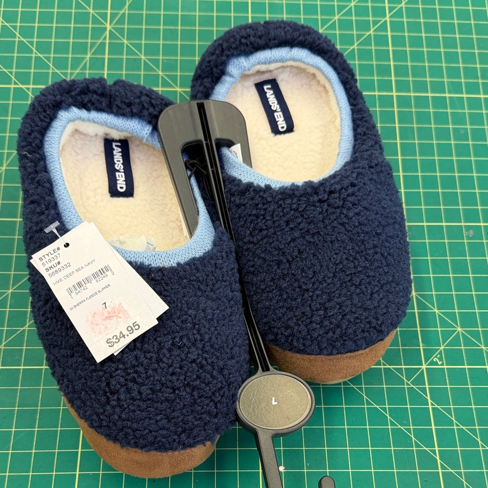 Lands' End Deep Sea Navy Sherpa Fleece Slippers with Light Blue Trim